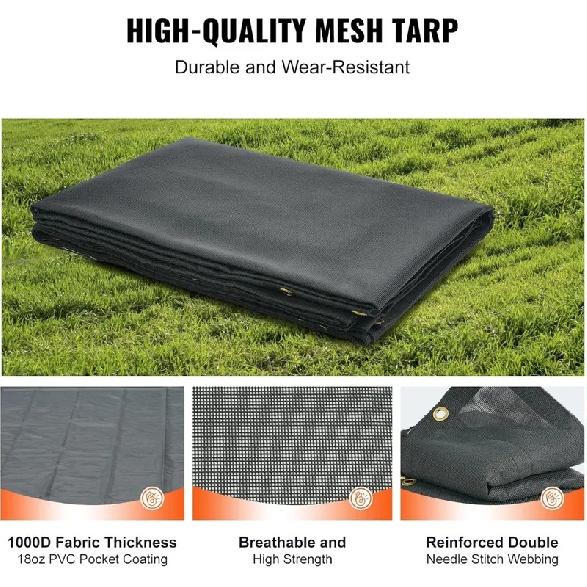 Heavy Duty Dump Truck Mesh Tarp 7x14 ft PVC Coated Black Cover with Double Pockets Brass Grommets for Manual Electric Dump Truck