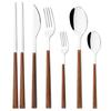 Набор столовых приборов с деревянной ручкой, 6 шт. Нож для стейка, вилка, чайная ложка, палочки для еды, посуда из нержавеющей стали, западные столовые приборы для кухни