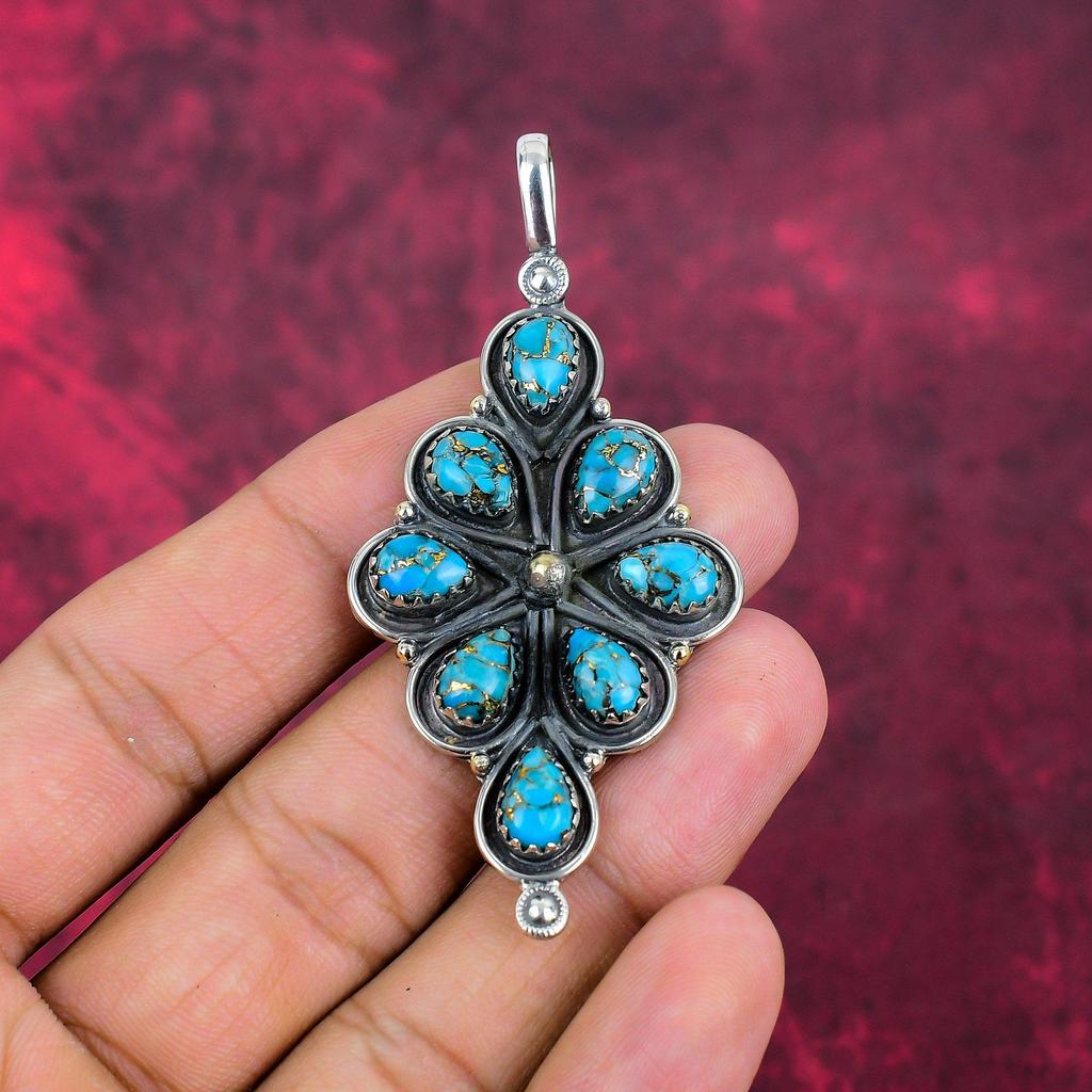 Голубой медный бирюзовый кулон ручной работы с драгоценными камнями, 925 пробы серебряный кулон, старинные ювелирные изделия, для подарка на помолвку