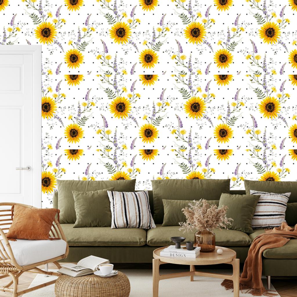 Sunflowers wallpaper with meadow flowers for living room and bedroom 50x1000