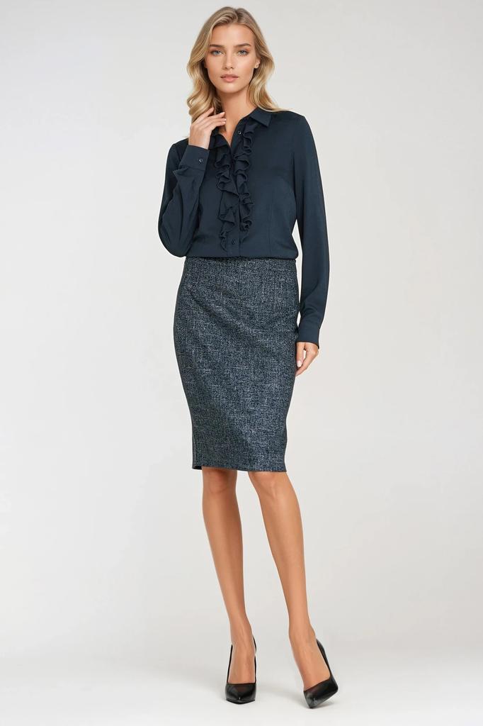 Viscose Blouse with Ruffle - Navy Blue 36