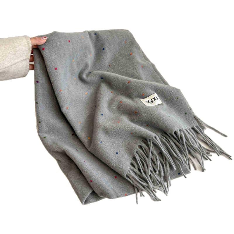 Solid color white scarf women's autumn and winter new polka dot tassel Korean version shawl dual-purpose high-end scarf