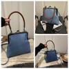 Elegant Kiss Lock Shoulder Bag Solid Color Large Capacity Denim Blue Crossbody Bag Messenger Pouch Purse Vintage Women's Handbag
