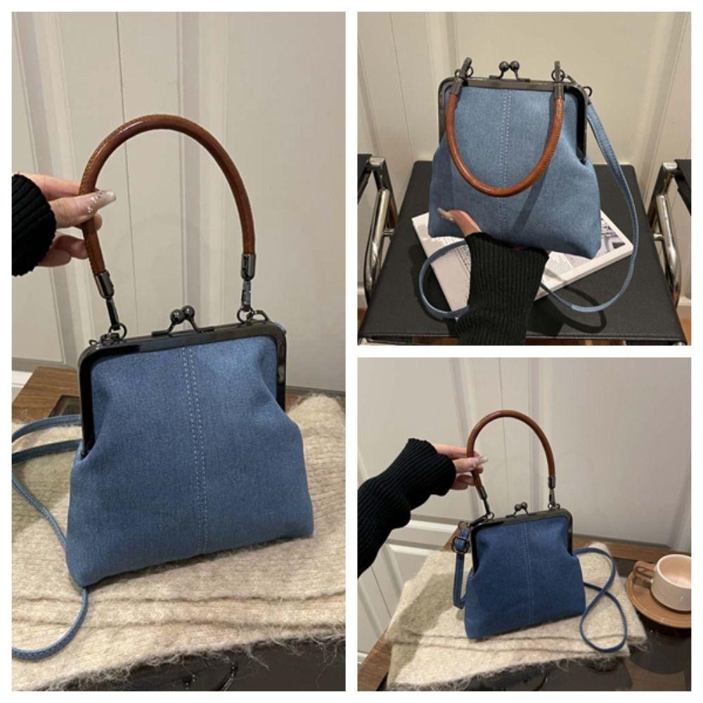 Elegant Kiss Lock Shoulder Bag Solid Color Large Capacity Denim Blue Crossbody Bag Messenger Pouch Purse Vintage Women's Handbag