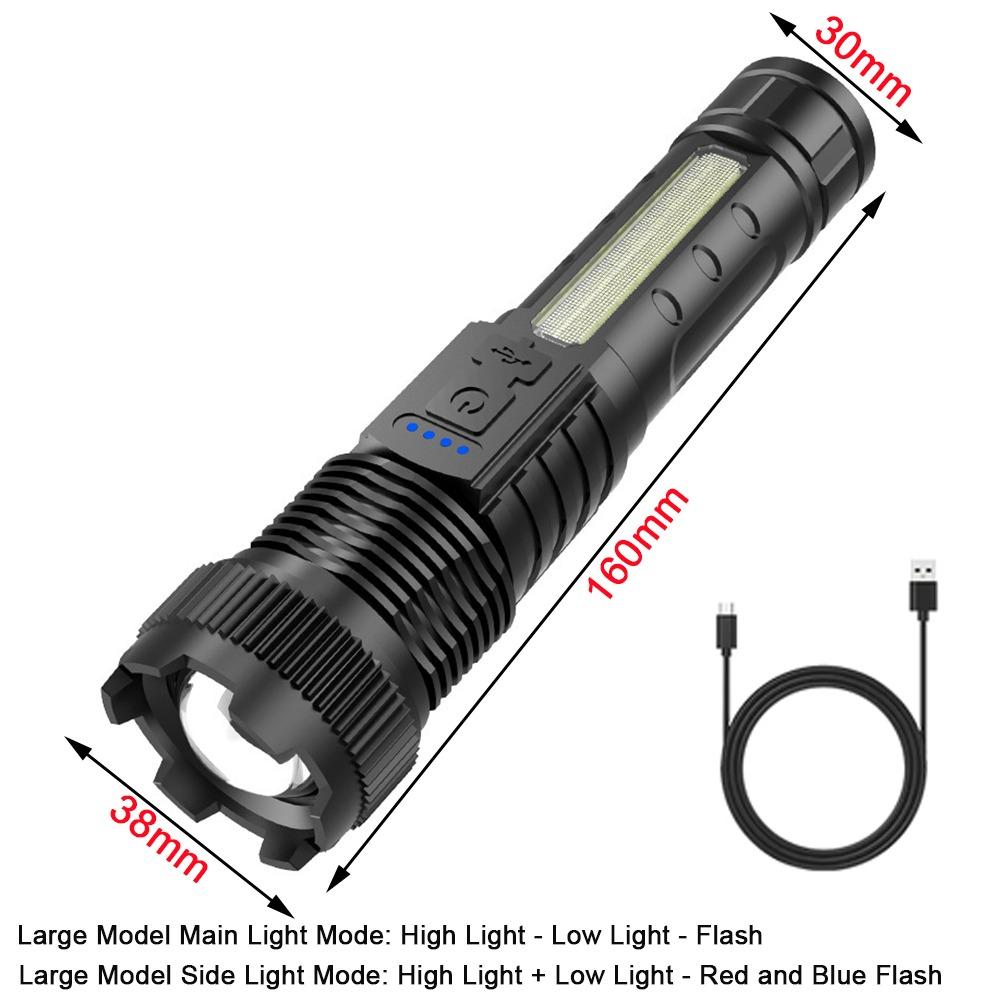 Zoom Function Strong Light Flashlight with Power Display USB Charging Long Range Lamp COB Side Light Work Light Night Hiking