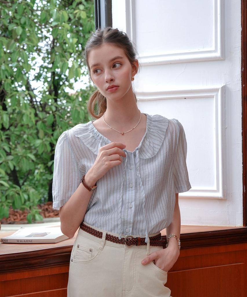 PIGMENT See-Through Neck Shirred Stripe Blouse (Kybl2604006)