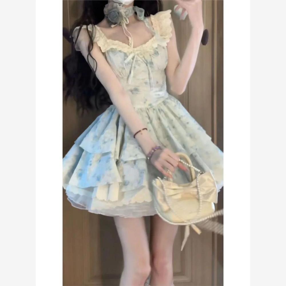 Французское цветочное платье для девушек женское летнее милое и симпатичное с маленькими рукавами-фонариками талия маленькое пирожное пышная юбка