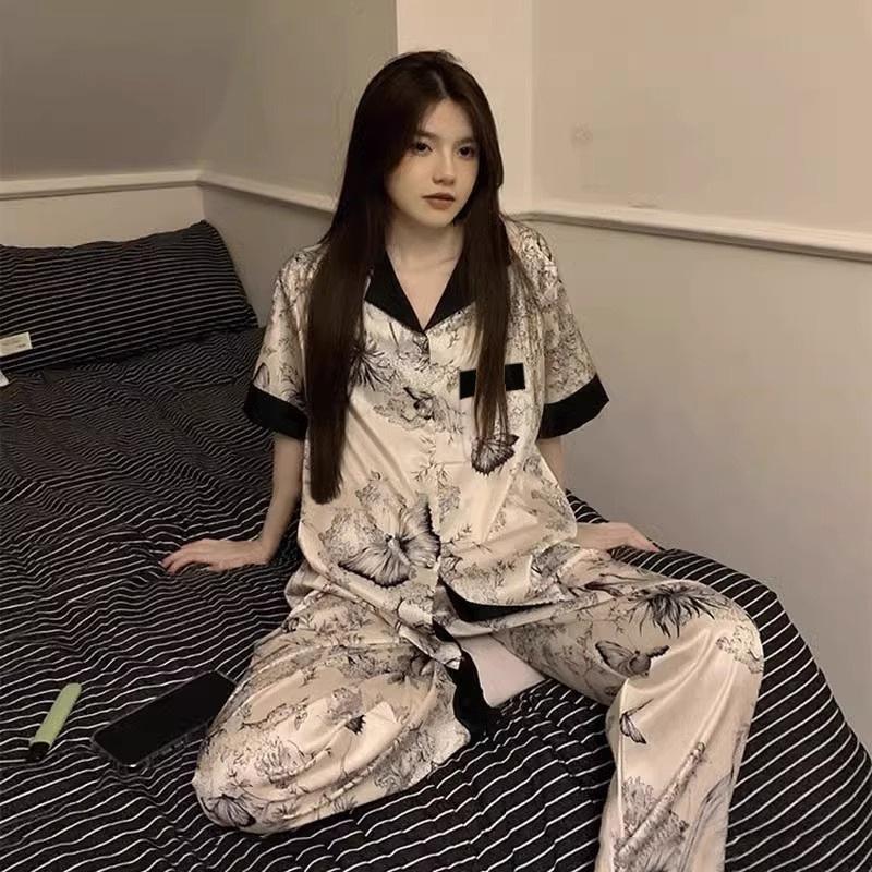Ice Silk Pajamas Female Cute Wind Bear Summer High-End Cartoon Short-Sleeved Trousers Loungewear