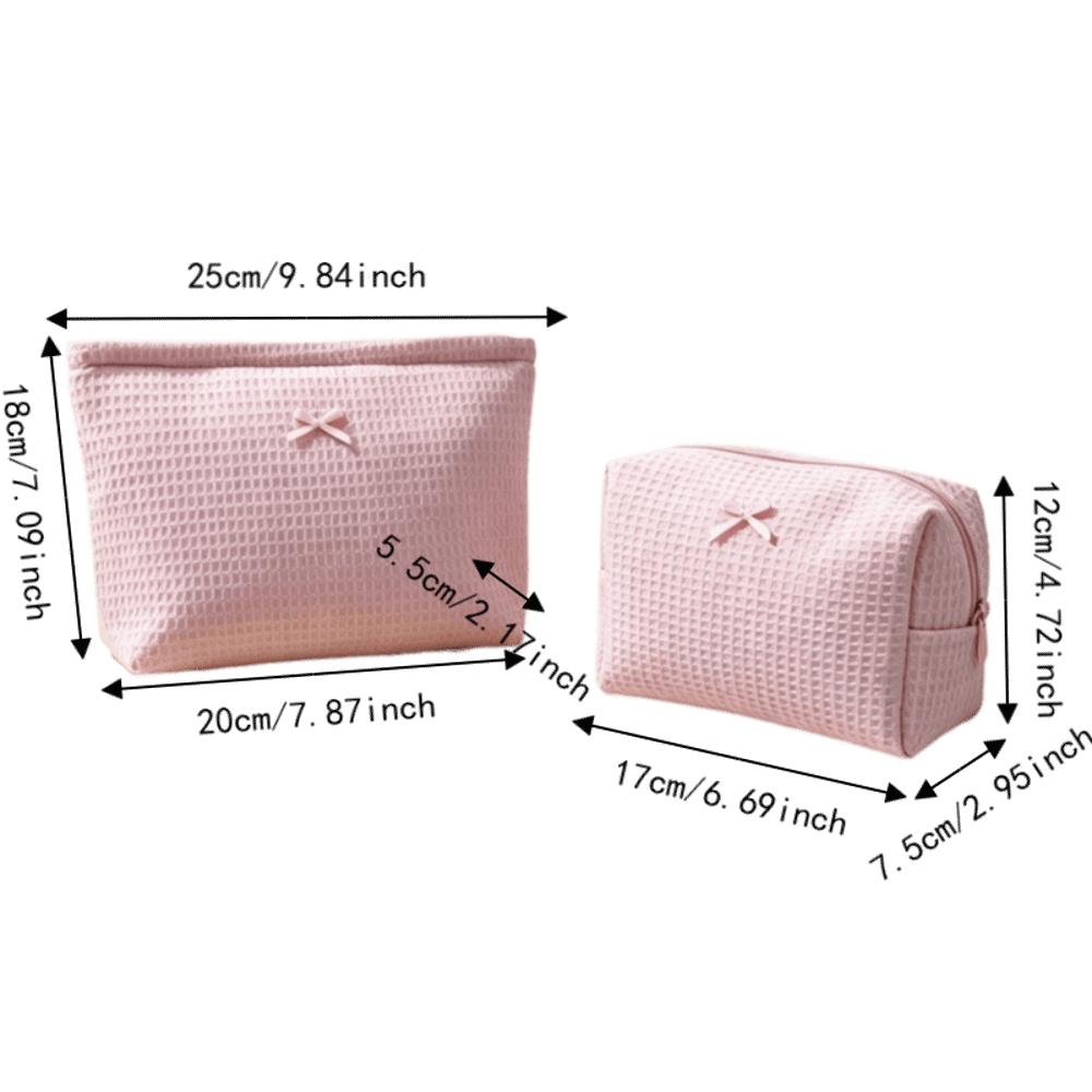 Bow Decor Cosmetic Bag Zipper Toiletry Organizer Sweet Waffle Knit Makeup Bag Travel
