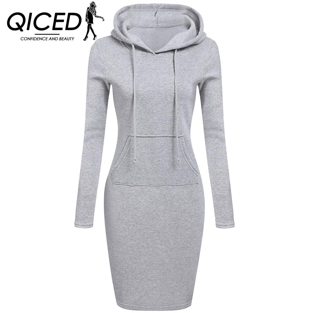 QICED Трехцветное платье с капюшоном и карманом на шнуровке и длинными рукавами