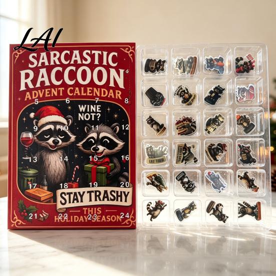 Decorative Raccoon Figures Advent Calendar 24 Days 2D Acrylic Ornament Countdown Hanging Decorations Collectible Cute Pendents for Home Tree,