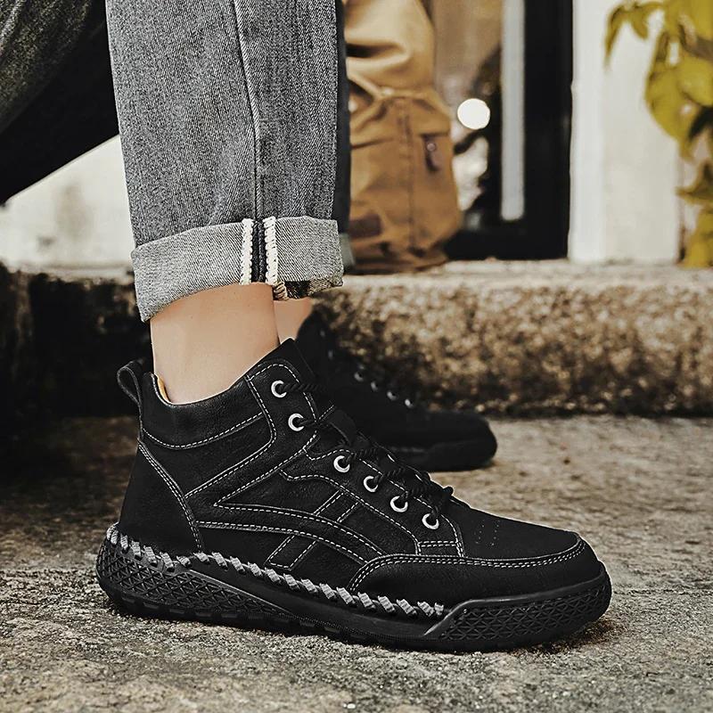 Fashion New 2024 Stylish Men Handmade Casual Leather Basic Boots Outdoor Antiskid Flat Design Hiking Sneakers Comfy Lace-Up Ankle Boots
