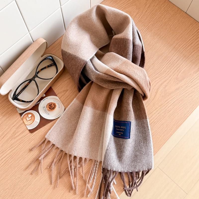 100% Wool Plaid Scarf Men Women Couple Warm Cashmere Blend Checked Winter Neckwear