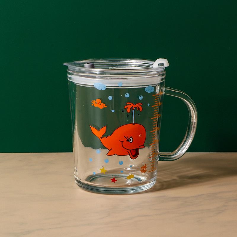 High Quality Kids Straw Cup with Lid and Handle Cute Glass Tumbler with Scale for Water Tea Milk Coffee Elephant Cartoon Pattern