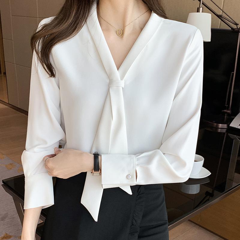 Spring and Autumn Tops Women's Shirt V-Neck Blouses Long Sleeve Shirts