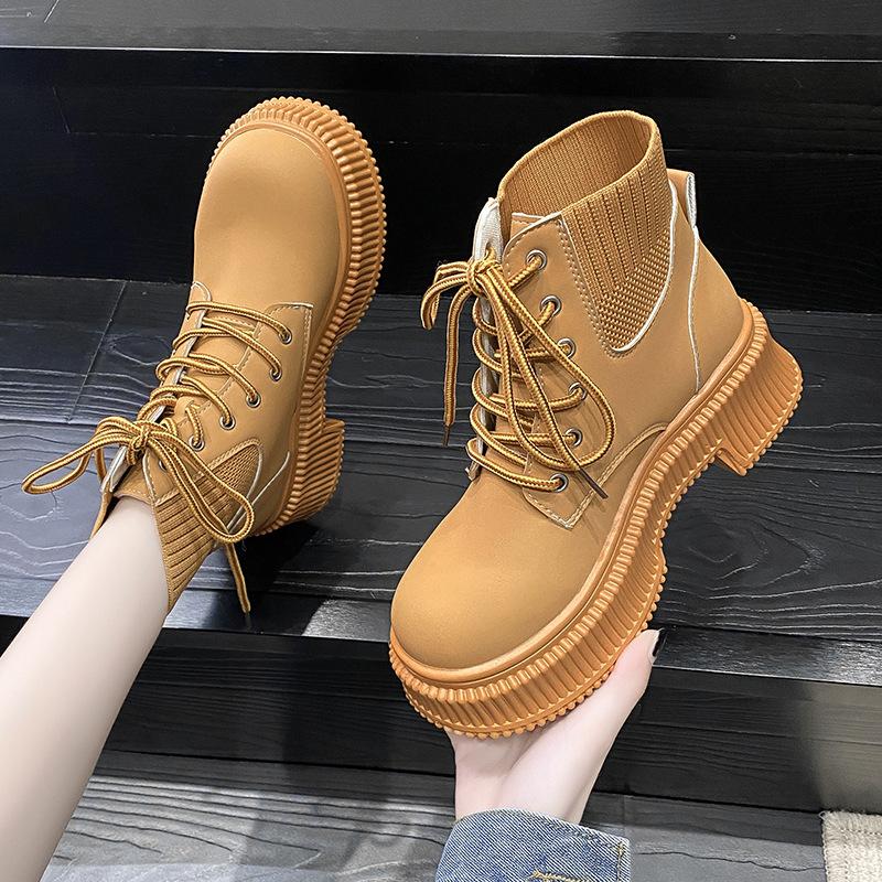 Thick Sole Boots Women's 2024 Autumn/Winter New Vintage High Top Lace Up Casual Shoes Fashion Knitted Short Boots Women Shoes