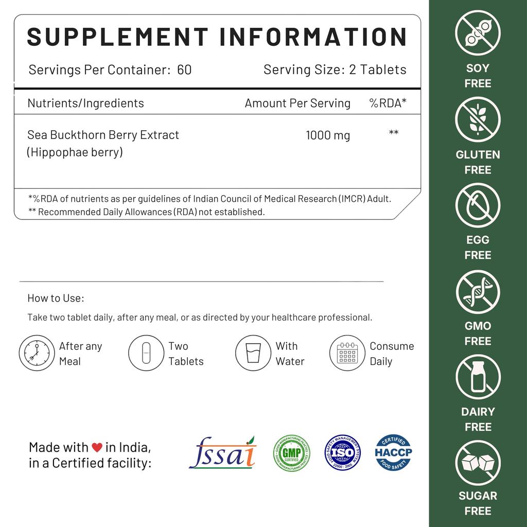 Nutrabud Organics Капсулы с порошком ягод облепихи 1000 мг - 60 вегетарианских таблеток - Натуральный источник витаминов A, C, E, K, Омега-3, 6, 7, 9 и антиоксидантов для