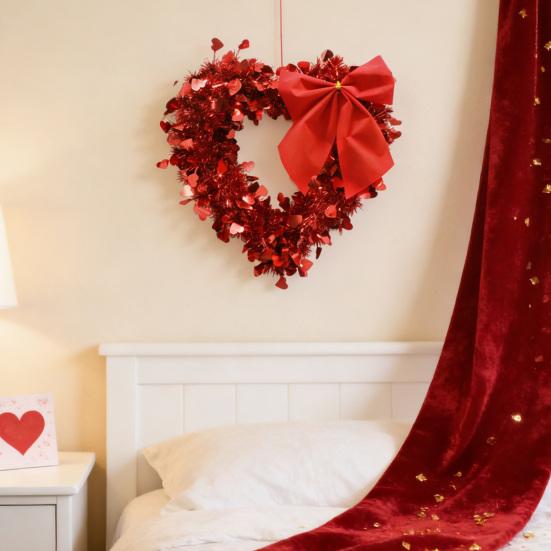 Tinsel Heart Shaped Wreath with Bow for Front Door Valentine's Day Red Pink Heart Wreath