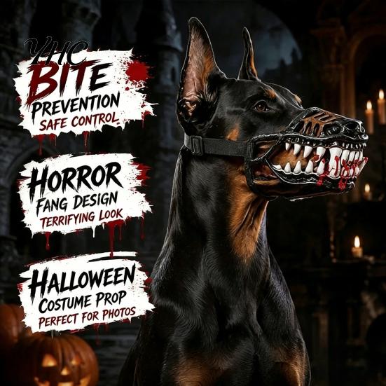 Dog Muzzle for Halloween Scary Dinosaur with Teeth, Adjustable Latex Breathable Pet Themed Haunted House Prop Mask, Anti-Bite Costume Cosplay Parties