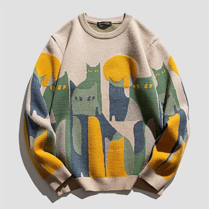 Autumn Knitted Sweater Men Women Winter Harajuku Cartoon Full Cat Print Pullover Vintage Causal Loose Sweaters Streetwear