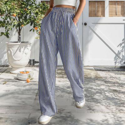 Женские брюки, регулируемые по талии, с эластичной резинкой на шнурке, длинные брюки средней посадки с карманами, широкие повседневные брюки с полосатым принтом