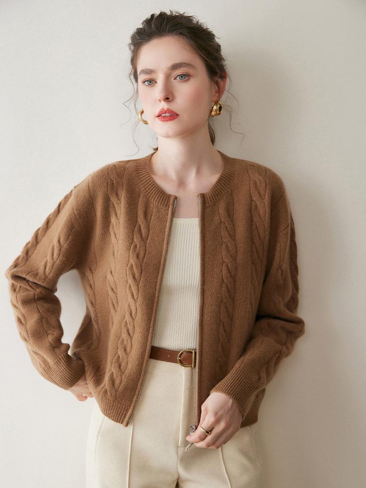 Women's Thick Cable Knit Cashmere Cardigan - Round Neck Zipper Sweater for Autumn/Winter