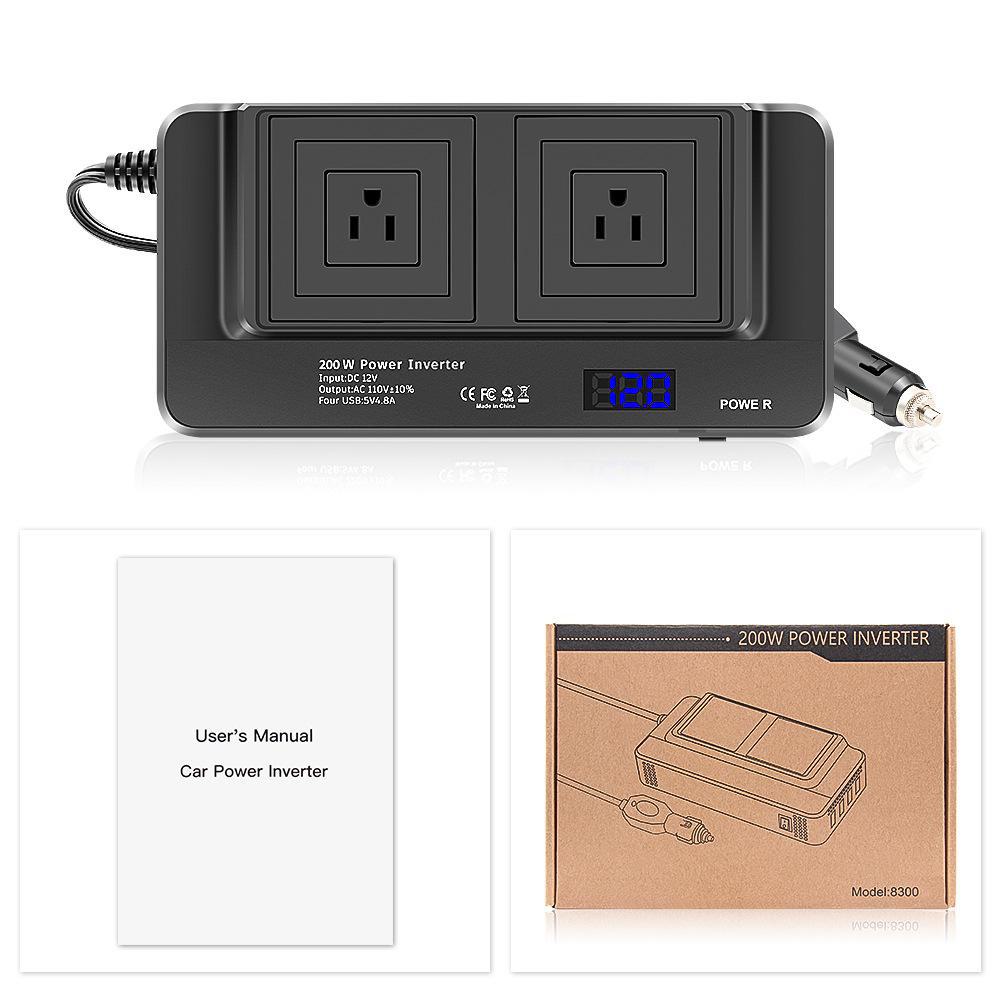 200W 12V Car Power Inverter with 2 Sockets & 4 USB Ports for Mobile Charging
