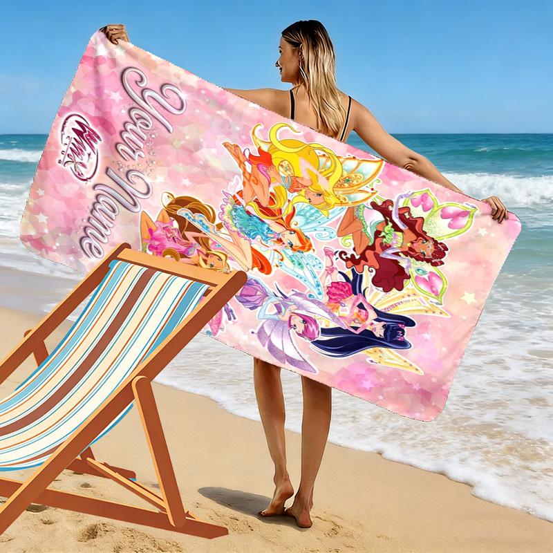 Name Custom Winx Club Cartoon Print Beach Towel, Large Soft Quick Dry Towel for Beach Camping Swimming
