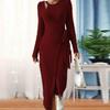 Women Fall Winter Dress Hollow Out Wrap Lace Up Waist Round Neck Irregular Hem Long Sleeve Solid Color Knitted Elastic Striped Lady Maxi Dress