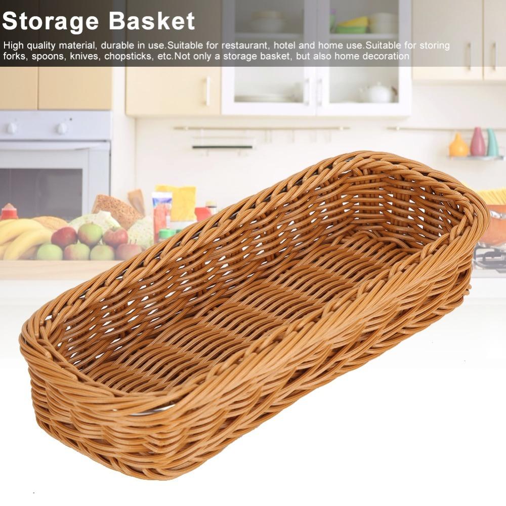 Rectangular Storage Basket Imitation Cane Woven Kitchen Basket Durable Flatware Holder Kitchen