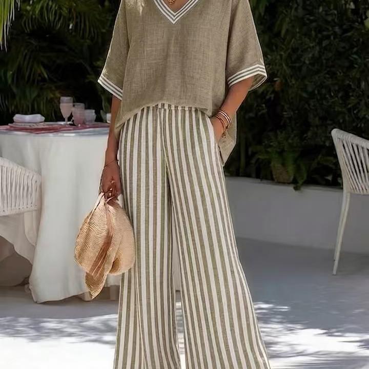 New European and American style V-neck striped wide-leg pants set women's two-piece set summer high-end imitation hemp