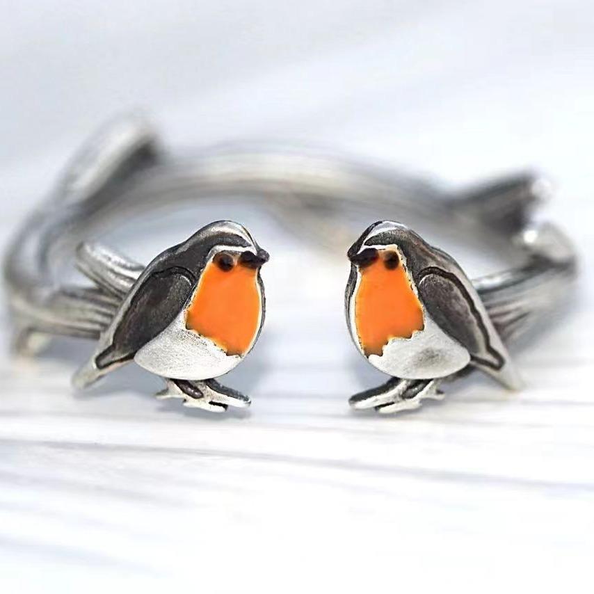 Ретро Красочный Набор Ожерелье и Кольцо с Птицами из Капельной Эмали