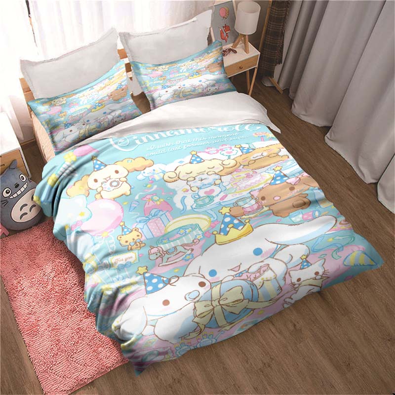 3D printed cartoon Cinnamoroll themed three-piece bedding set, including duvet cover and pillowcases, a perfect holiday gift.