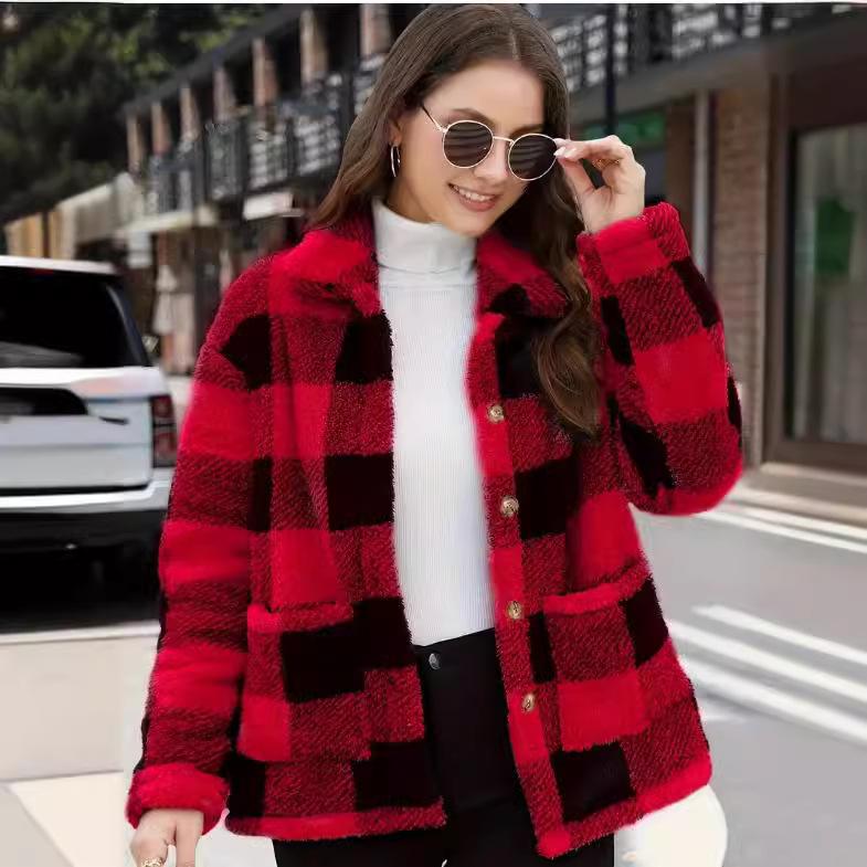 Winter Warm Jacket Women's Plaid Thick Plush Pocket Cardigan Button Jackets