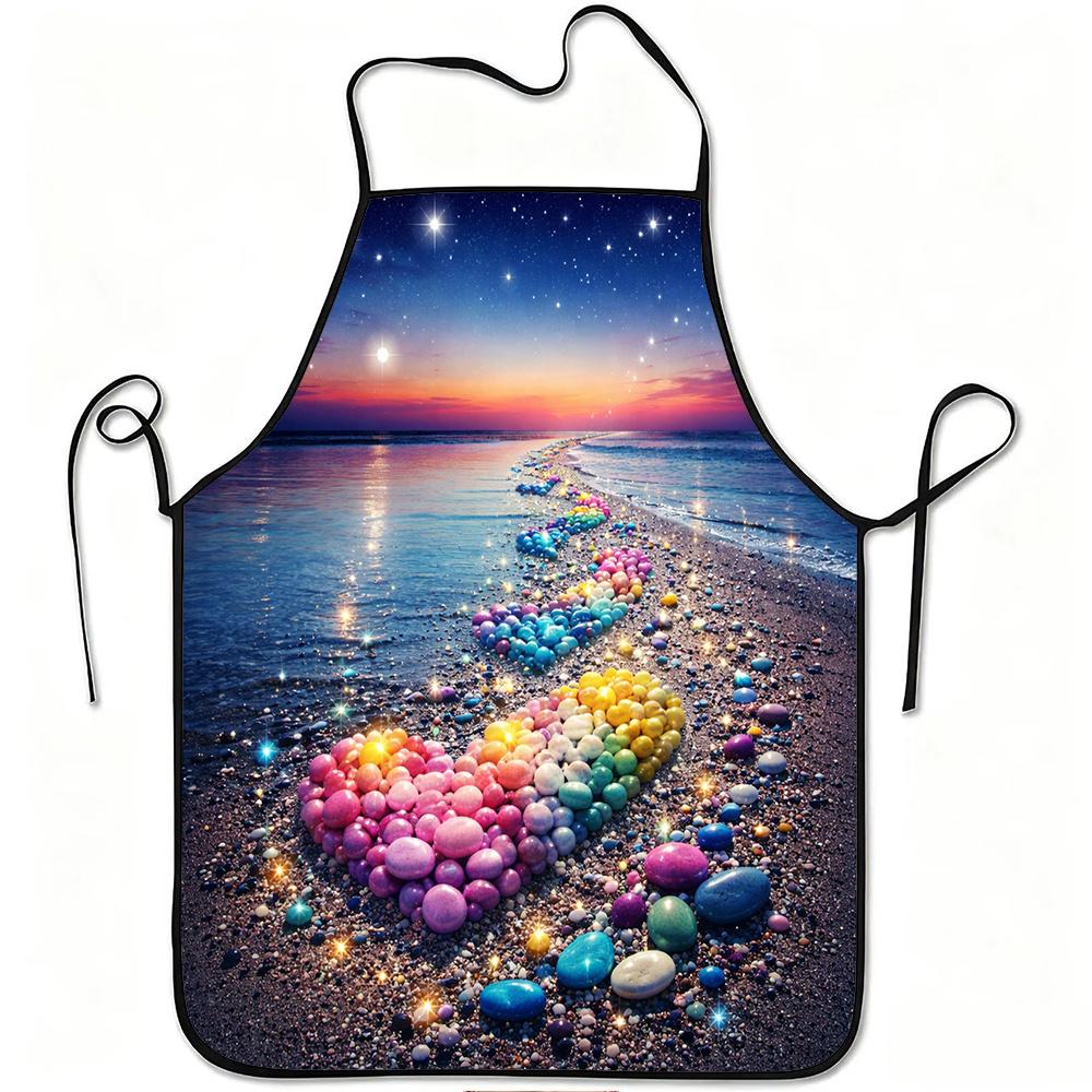 1pc Colorful Heart Pebble Beach Sunset Print Apron, Durable And Easy to Clean, Adjustable Waistband, Polyester Material, for Kitchen Cooking, Gardenin