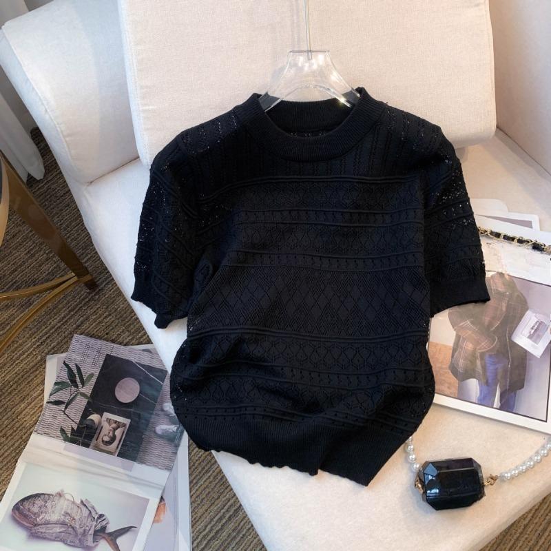 Летние повседневные трикотажные футболки с коротким рукавом, женские, темпераментные, шикарные, с круглым вырезом, свободные, женские футболки, топы, элегантные, облегающие, однотонные, женская футболка 26517