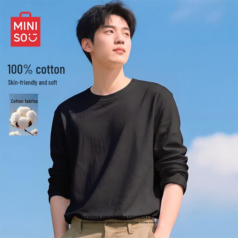 MINISO Мужская футболка с длинным рукавом и круглым вырезом из чистого хлопка