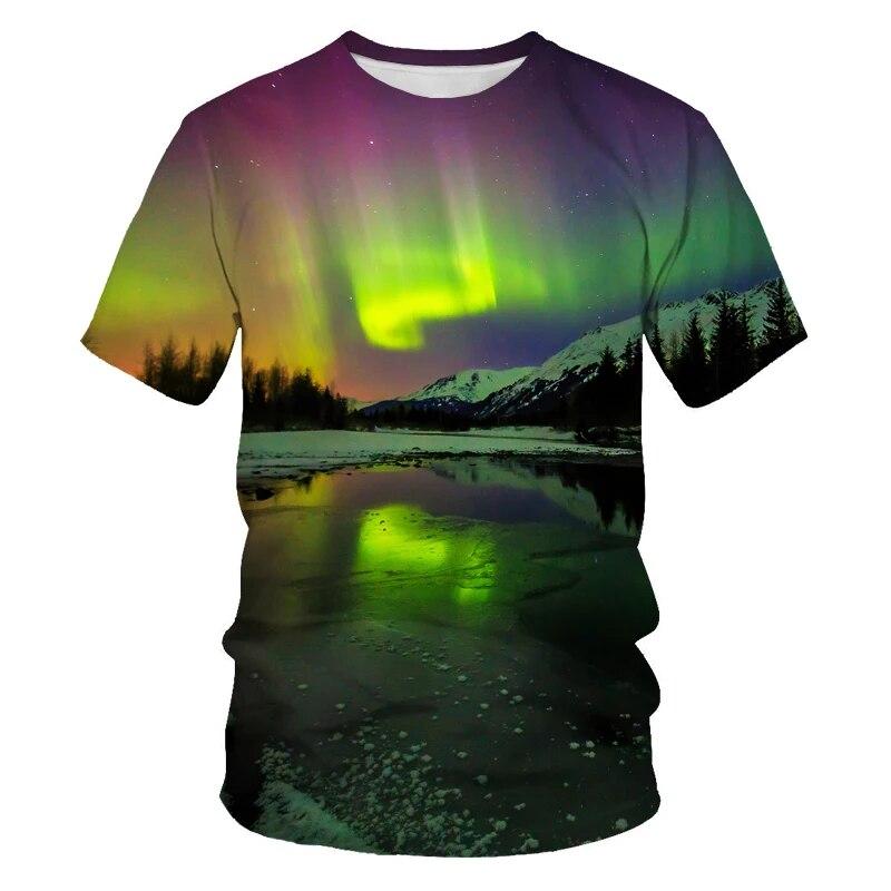 Новые футболки с рисунком «Звездное небо природы», мужские модные футболки с узором «Аврора», повседневные топы с короткими рукавами и круглым вырезом с 3D принтом