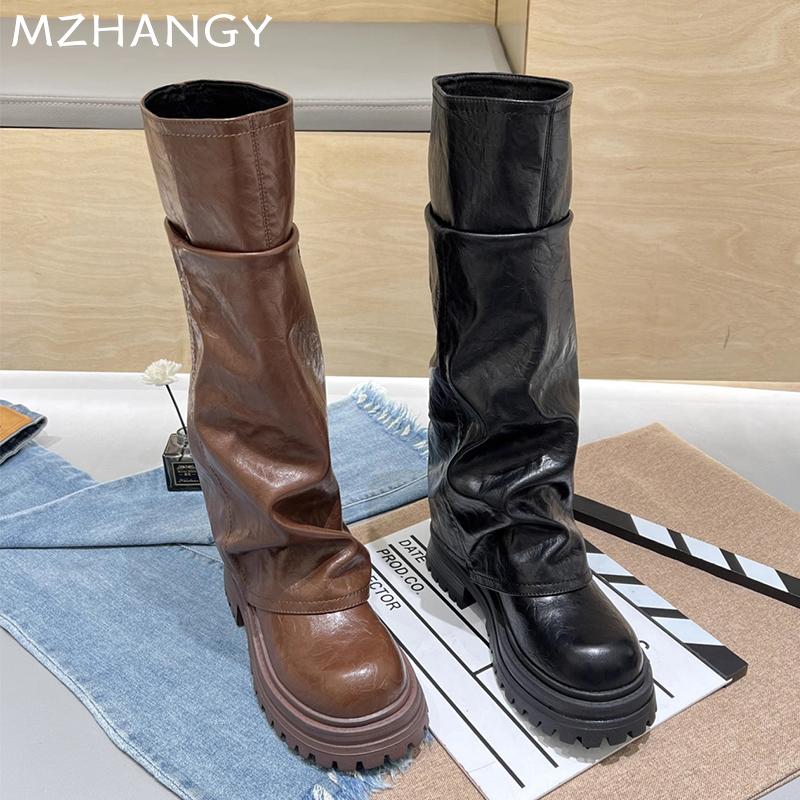 Модные женские сапоги на платформе, высокие кожаные туфли до колена, туфли на плоской подошве, женская мода 2025 года, зимнее платье в готическом стиле в стиле ретро, мотоциклетные сапоги Mujer