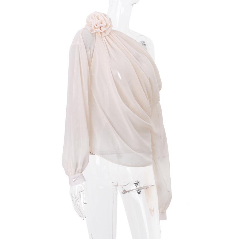 Trendy Chiffon Floral Mesh Off-Shoulder Long-Sleeve Top for Women