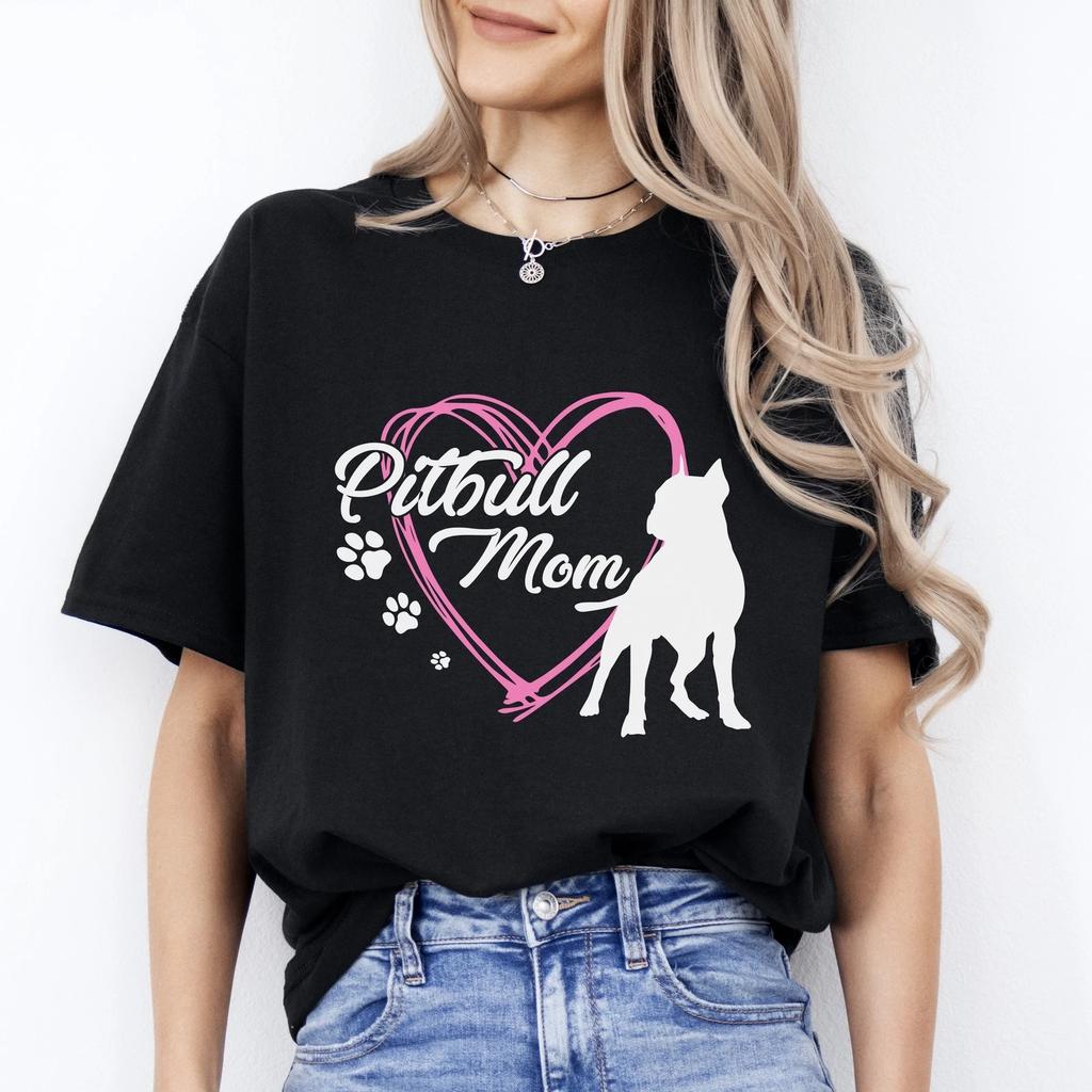Pitbull mom T-Shirt gift Heart Pitbull paws Dog mama Unisex tee Black Navy Dark