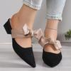 Fashion Medium Heel Slippers Summer New Pointed Head Shallow Mouth Suede Butterfly Knot Anti-slip Wear-resistant Square Heel Shoes