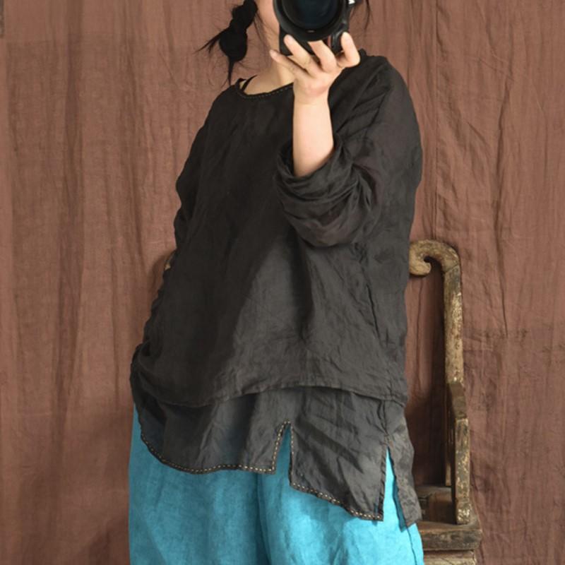 Johnature Женские винтажные футболки с длинным рукавом и круглым вырезом Ramie, весенние однотонные футболки, свободные повседневные футболки высокого качества