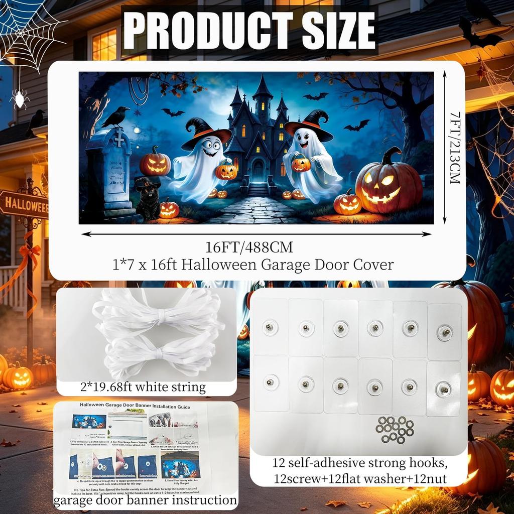 7 x 16ft Halloween Garage Door Cover, Witch Ghost Garage Decoration Outdoor