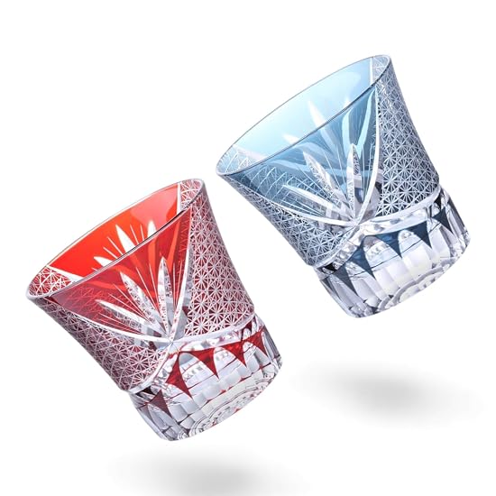 Takumibifu Dinner Luxe Kiriko Pair Glass Cup 90xH85mm 240cc Orchid Carved Komon Red & Ink Blue Koga