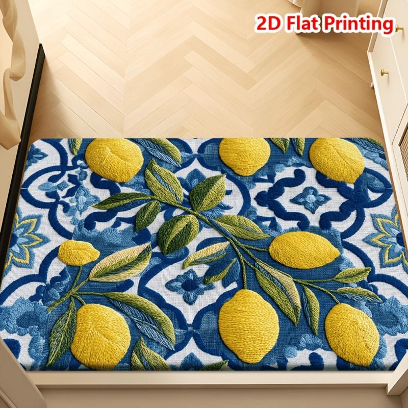 Blue Tile Lemon Doormat Mediterranean Style with Yellow Lemon Embroidery Print Non Slip Floor Mat for Bright and Fresh Home