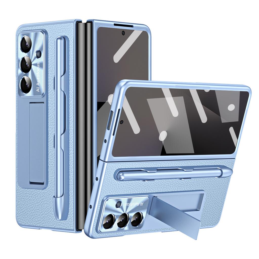 For Samsung Galaxy Z Fold7 5G Case Kickstand Leather+PC Hard Phone Cover with Screen Film and Stylus