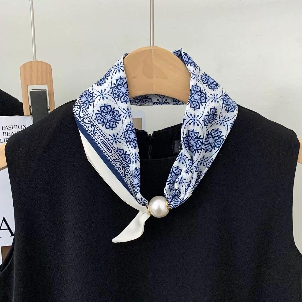 Polyester Pearl Decoration Scarf Lightweight Silk Scarf Artistic Neck Scarf Neck Wrap