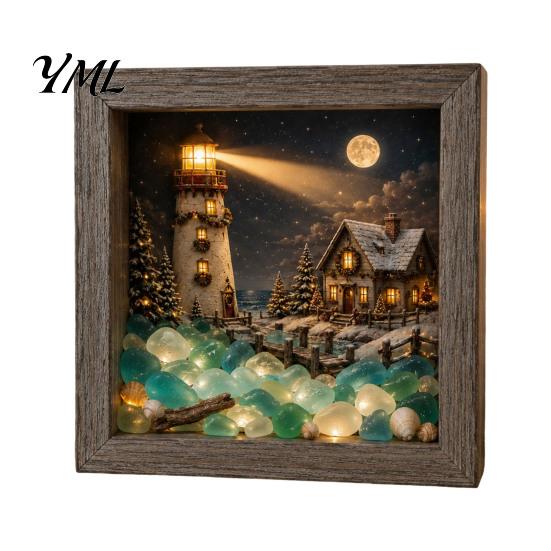 Miniature Landscape Art Christmas Sea Glass Shadow Box Night Light, 3D Winter Snow Scene Wooden Holiday Gift for Friends Frame with LED Warm
