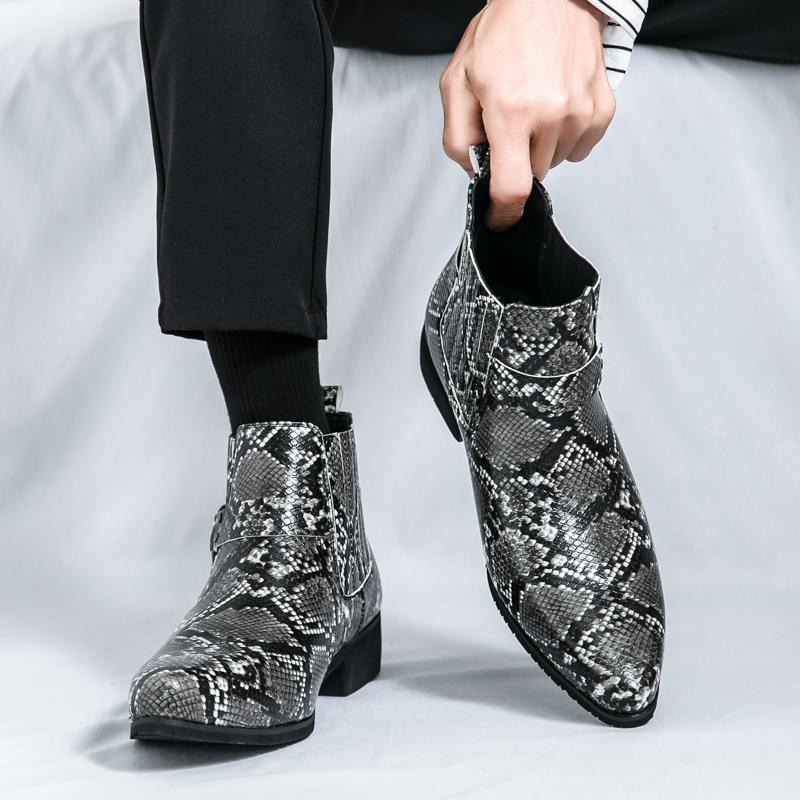 New Autumn and Winter Riding Boots Men's Chelsea Boots British Style Snake-patterned Short-top High-top Leather Shoes